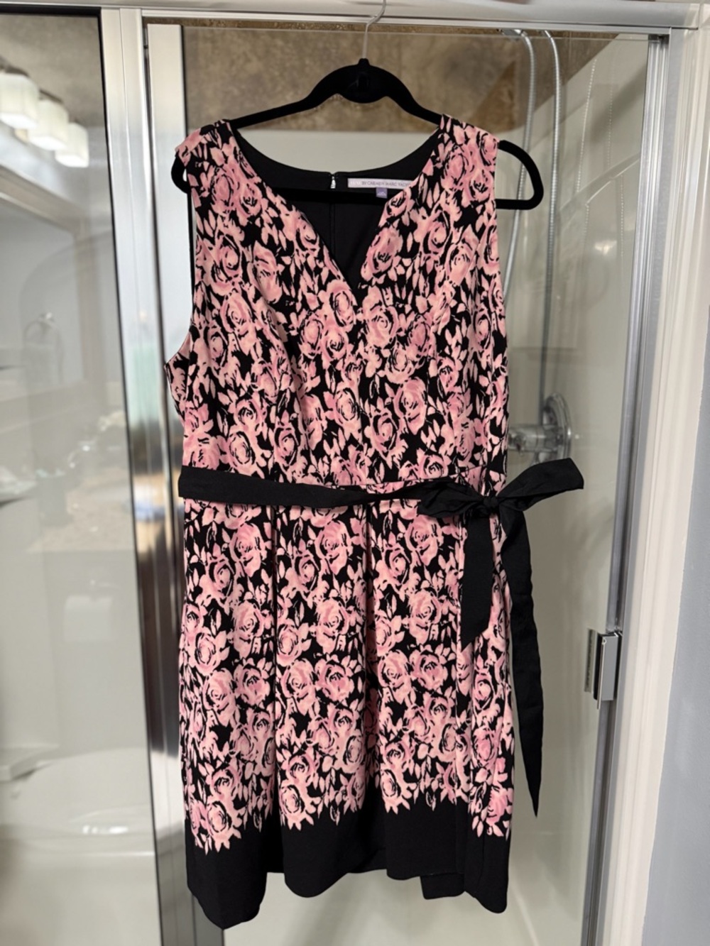 Carmen Marc Valvo Pink Floral Fit-and-Flare Dress with Black Trim